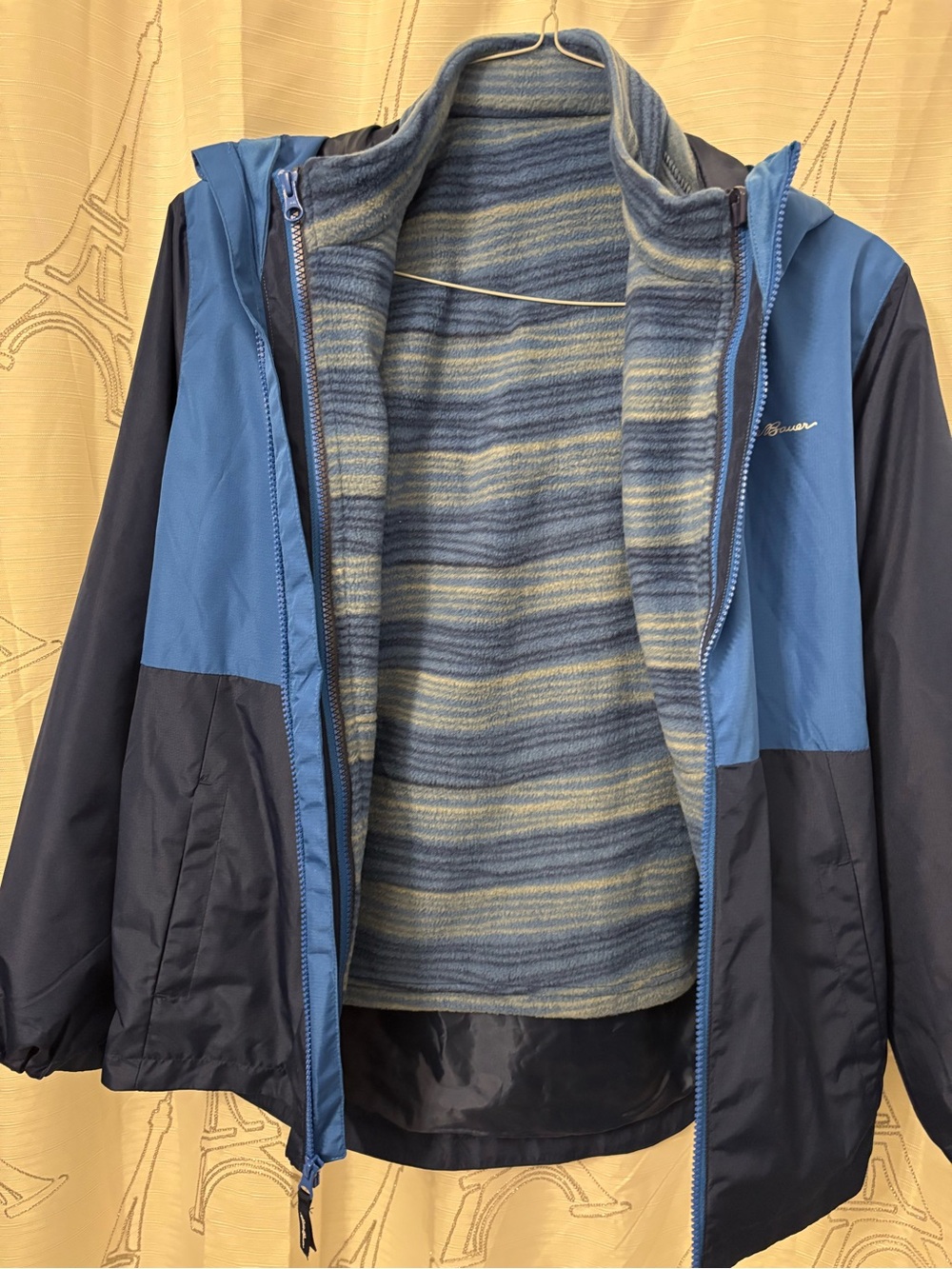 Eddie Bauer Two-Tone Blue Hooded Raincoat with Striped Fleece Liner